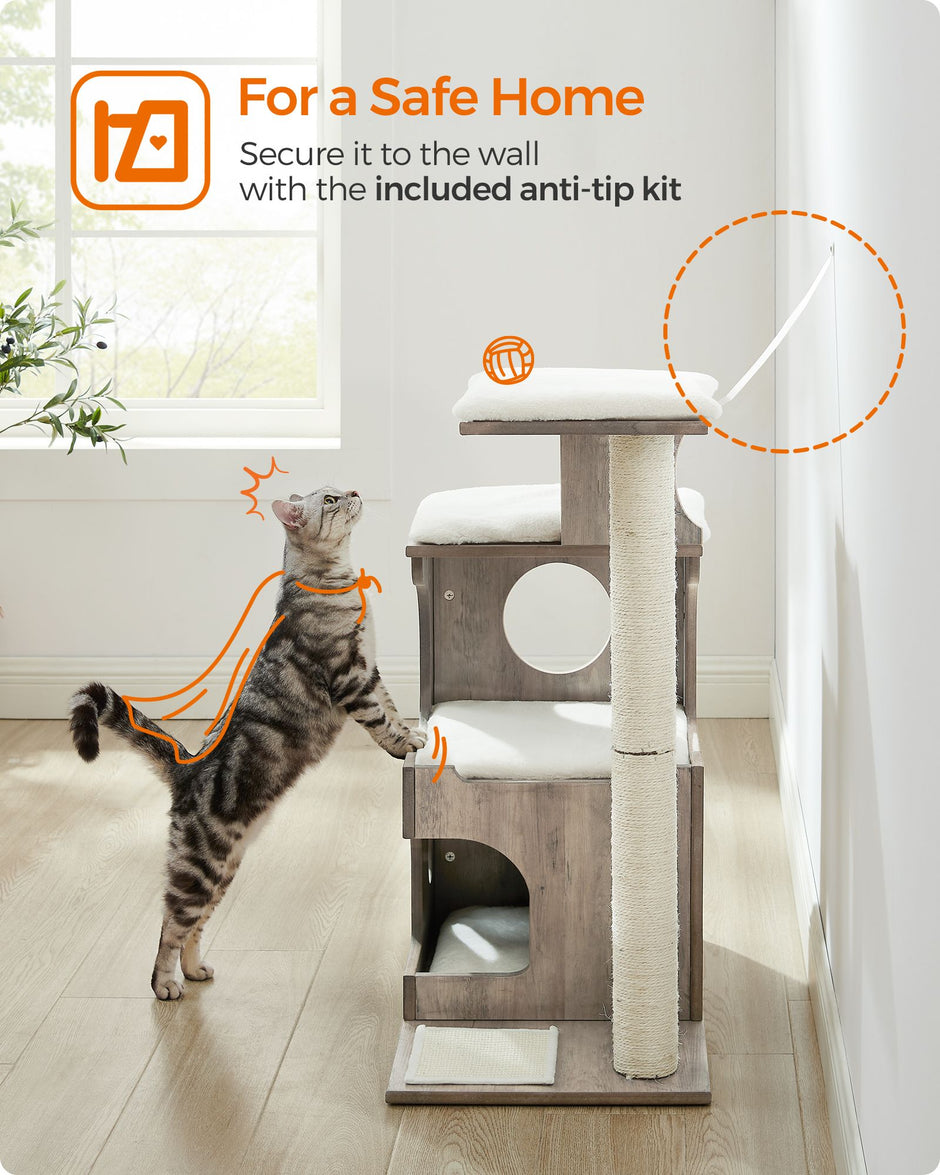 Cat Tree – MDF with Wood Veneer – Heather Greige and Cloud White – Medium with 3 Beds and Cave