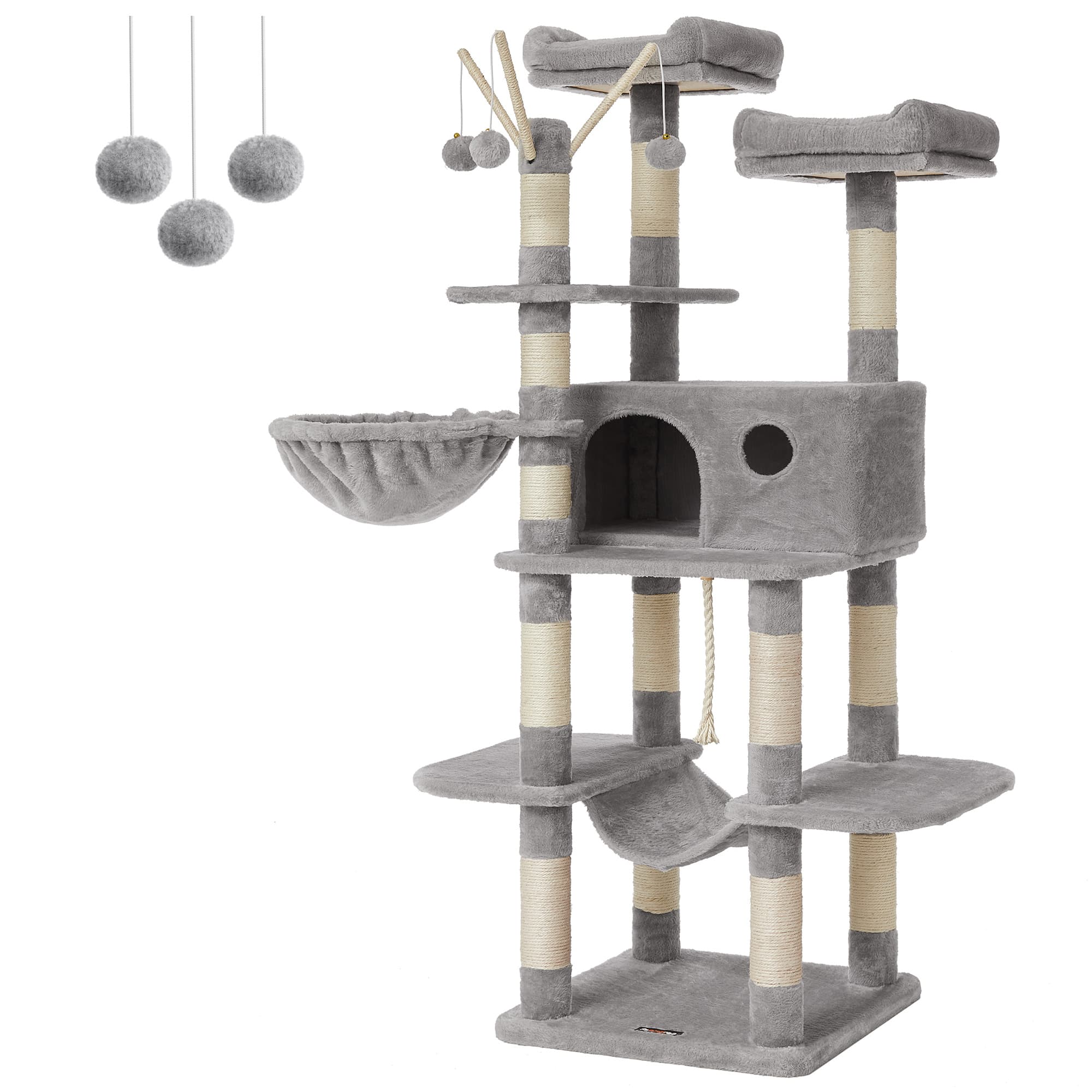 Cat Tree – Engineered Wood and Plush Fabric – Light Gray – XXL Design, 164 cm Height