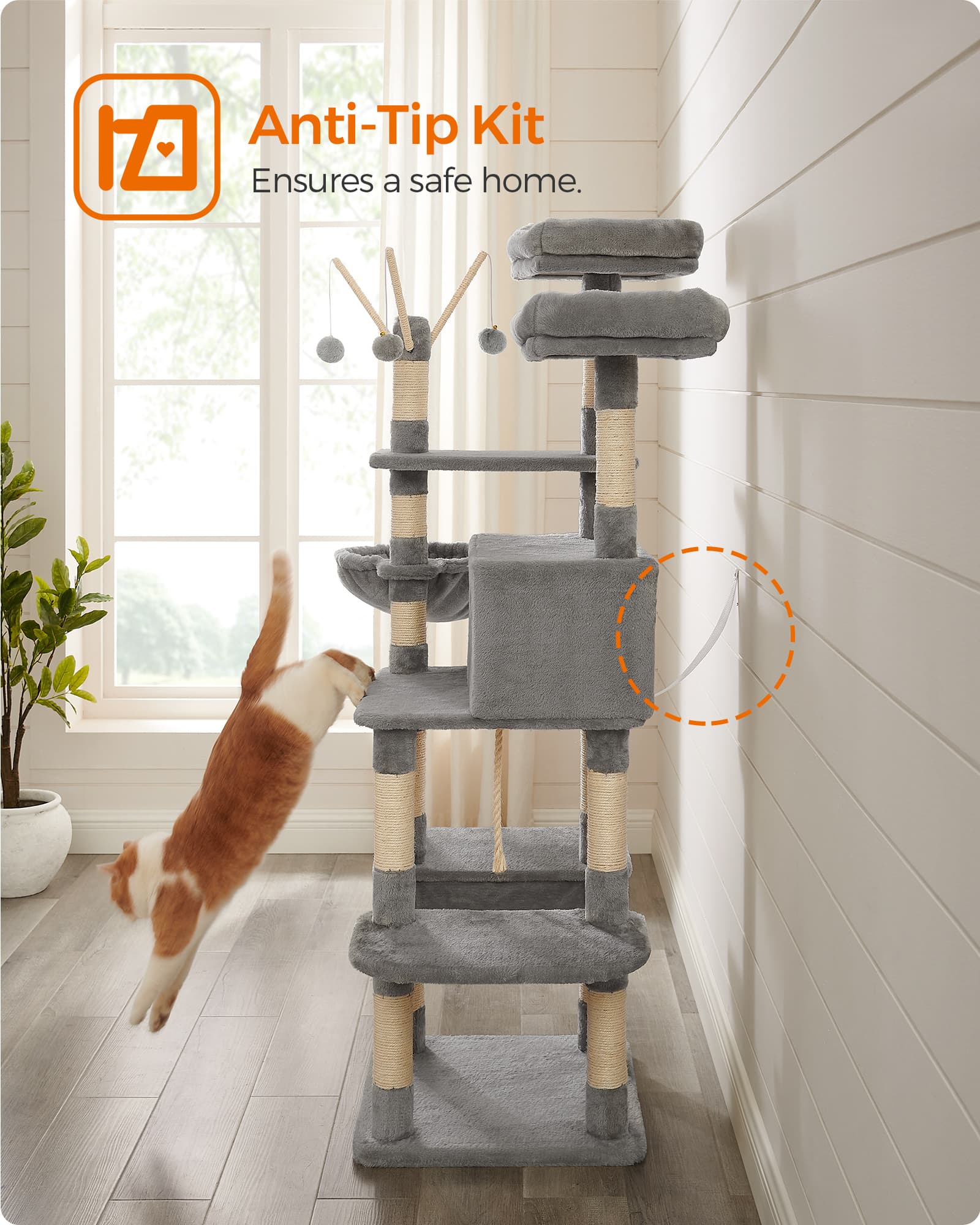 Cat Tree – Engineered Wood and Plush Fabric – Light Gray – XXL Design, 164 cm Height