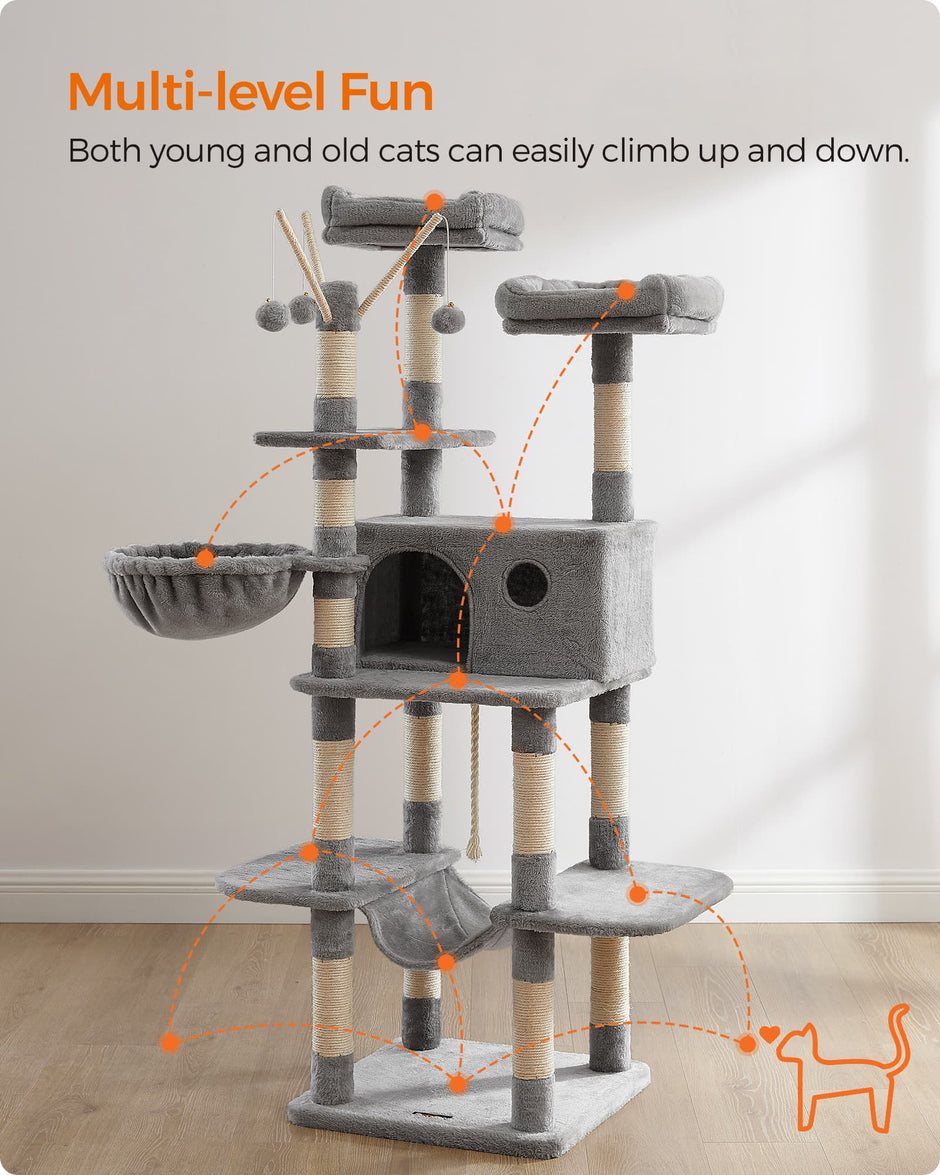 Cat Tree – Engineered Wood and Plush Fabric – Light Gray – XXL Design, 164 cm Height
