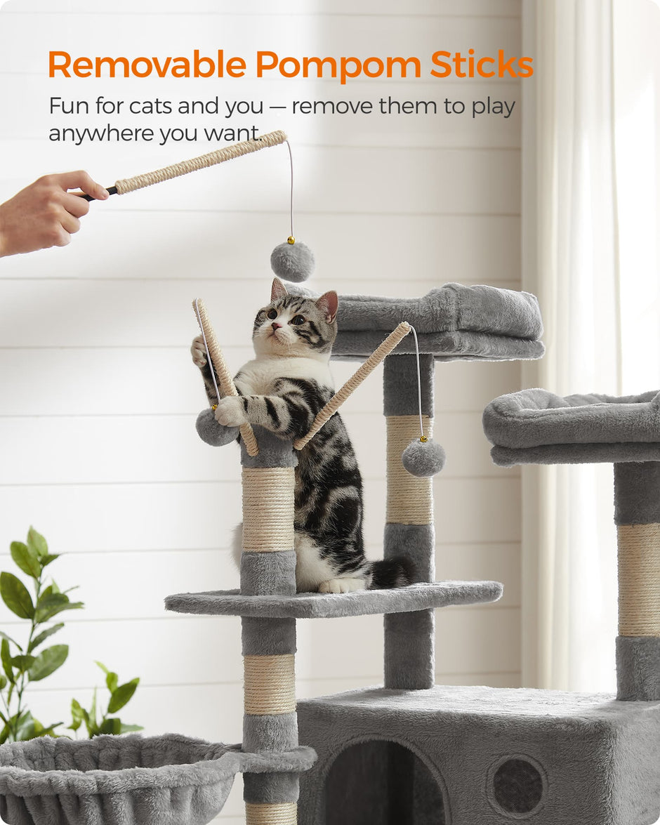 Cat Tree – Engineered Wood and Plush Fabric – Light Gray – XXL Design, 164 cm Height