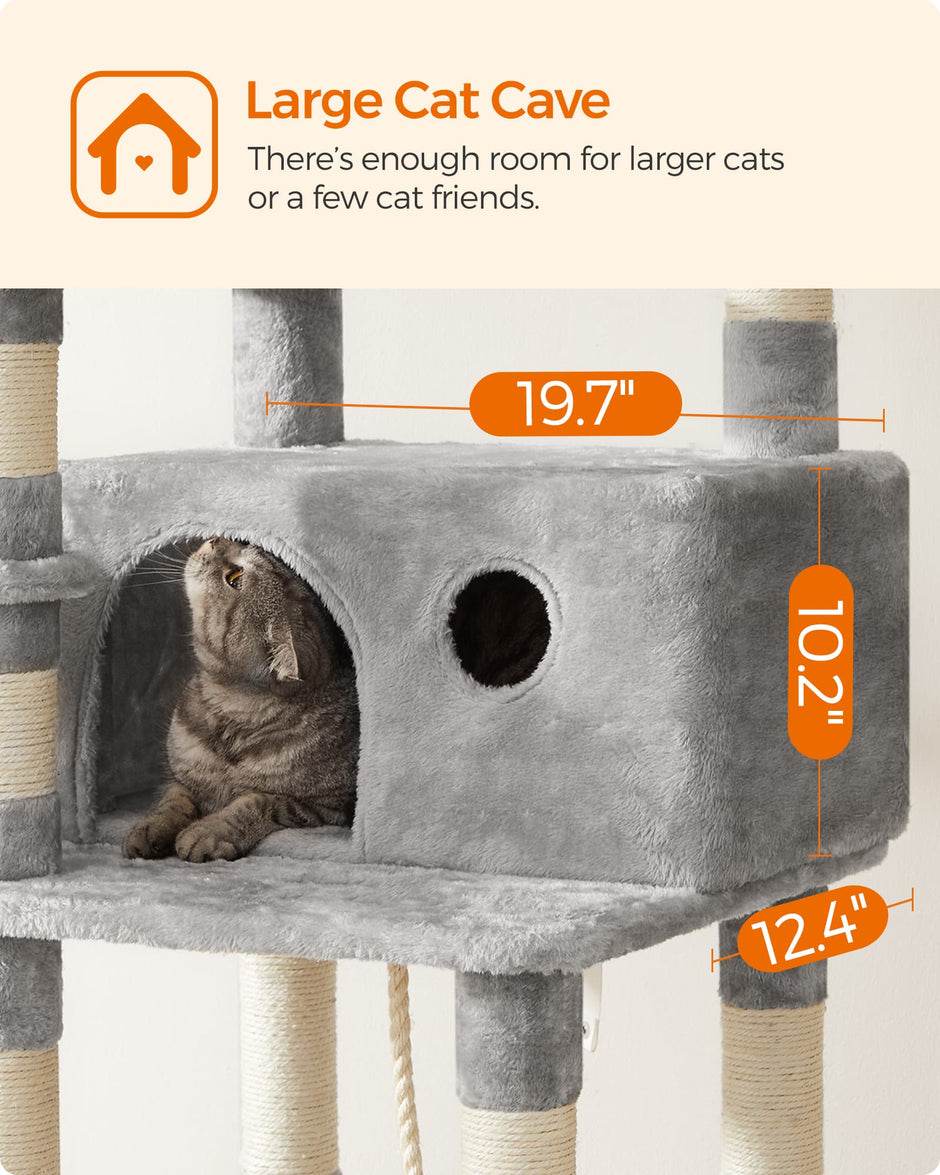 Cat Tree – Engineered Wood and Plush Fabric – Light Gray – XXL Design, 164 cm Height