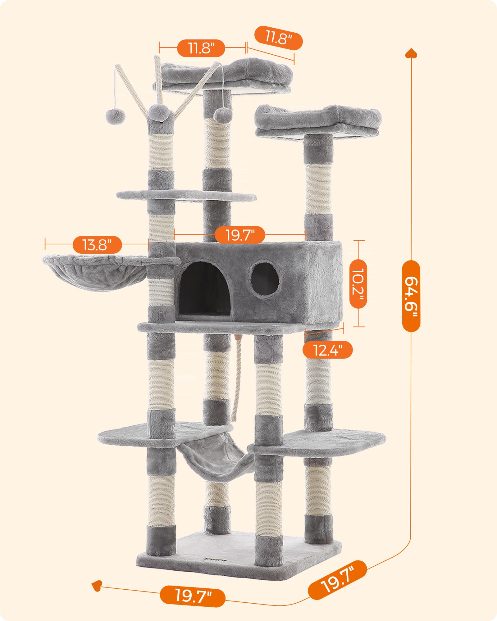 Cat Tree – Engineered Wood and Plush Fabric – Light Gray – XXL Design, 164 cm Height