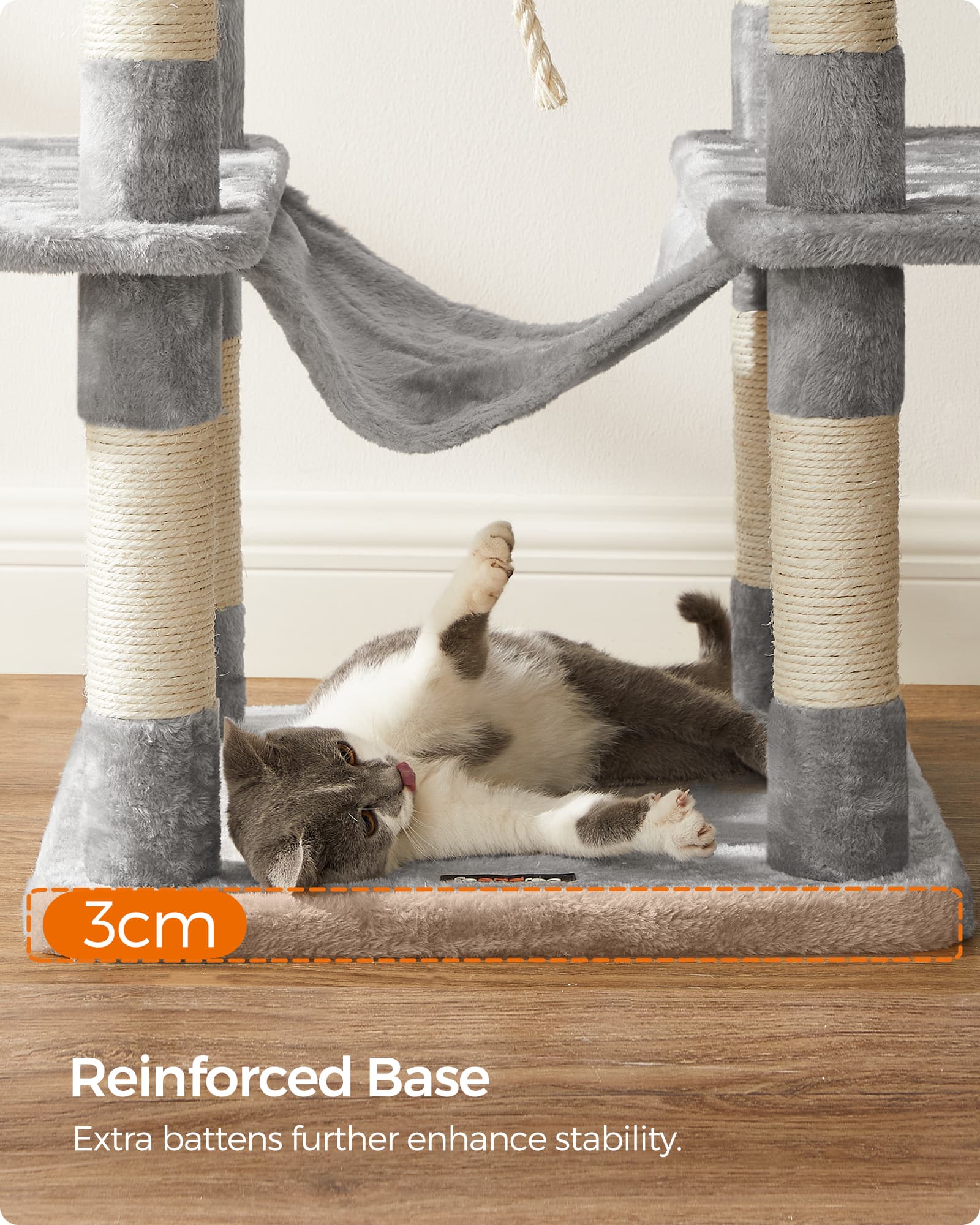 Cat Tree – Engineered Wood and Plush Fabric – Light Gray – XXL Design, 164 cm Height