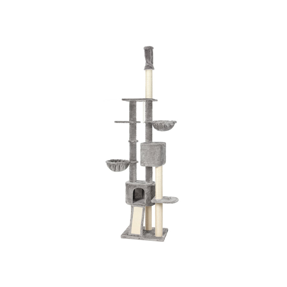 Floor-to-Ceiling Cat Tree – Plywood – Light Grey – Adjustable Height 2.4-2.6 m