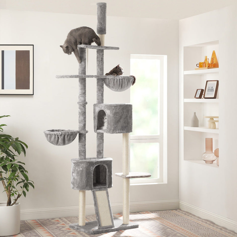 Floor-to-Ceiling Cat Tree – Plywood – Light Grey – Adjustable Height 2.4-2.6 m