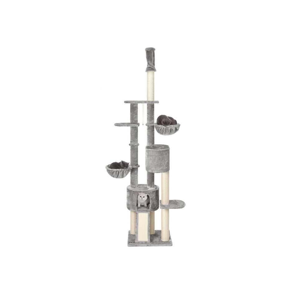 Floor-to-Ceiling Cat Tree – Plywood – Light Grey – Adjustable Height 2.4-2.6 m