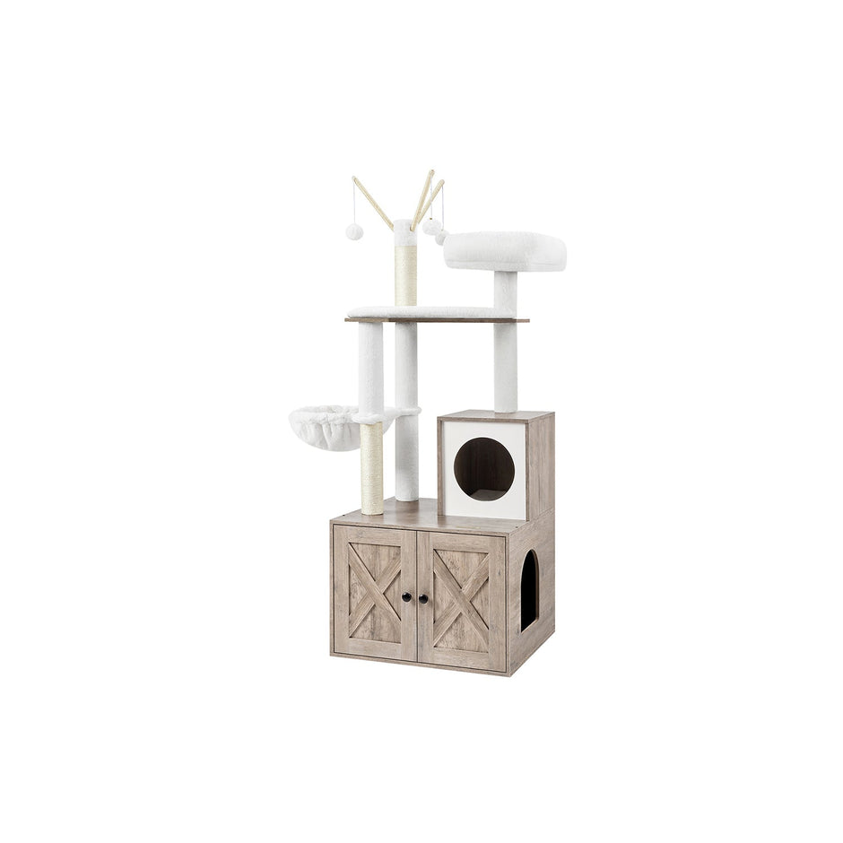 Cat Tree – Wood – Greige – 2-in-1 Design with Litter Box Enclosure and Scratching Posts