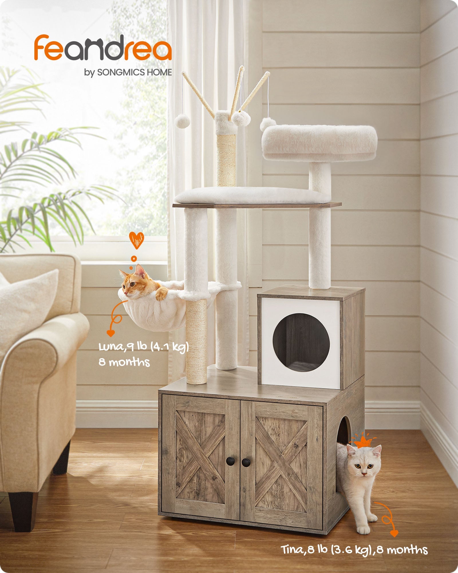 Cat Tree – Wood – Greige – 2-in-1 Design with Litter Box Enclosure and Scratching Posts