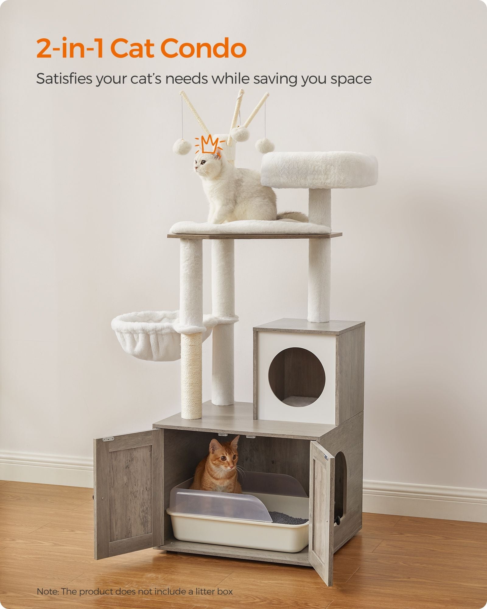 Cat Tree – Wood – Greige – 2-in-1 Design with Litter Box Enclosure and Scratching Posts