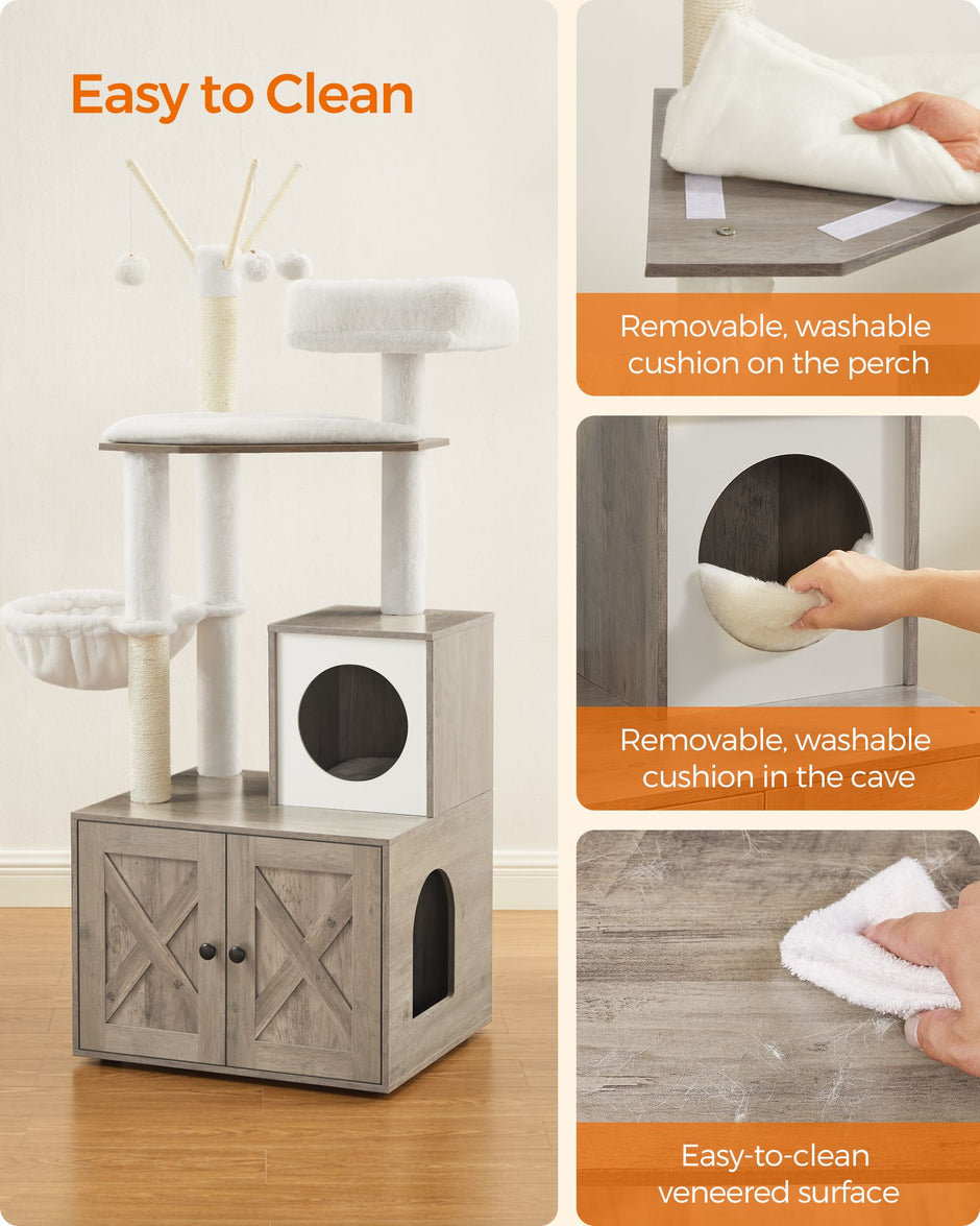 Cat Tree – Wood – Greige – 2-in-1 Design with Litter Box Enclosure and Scratching Posts