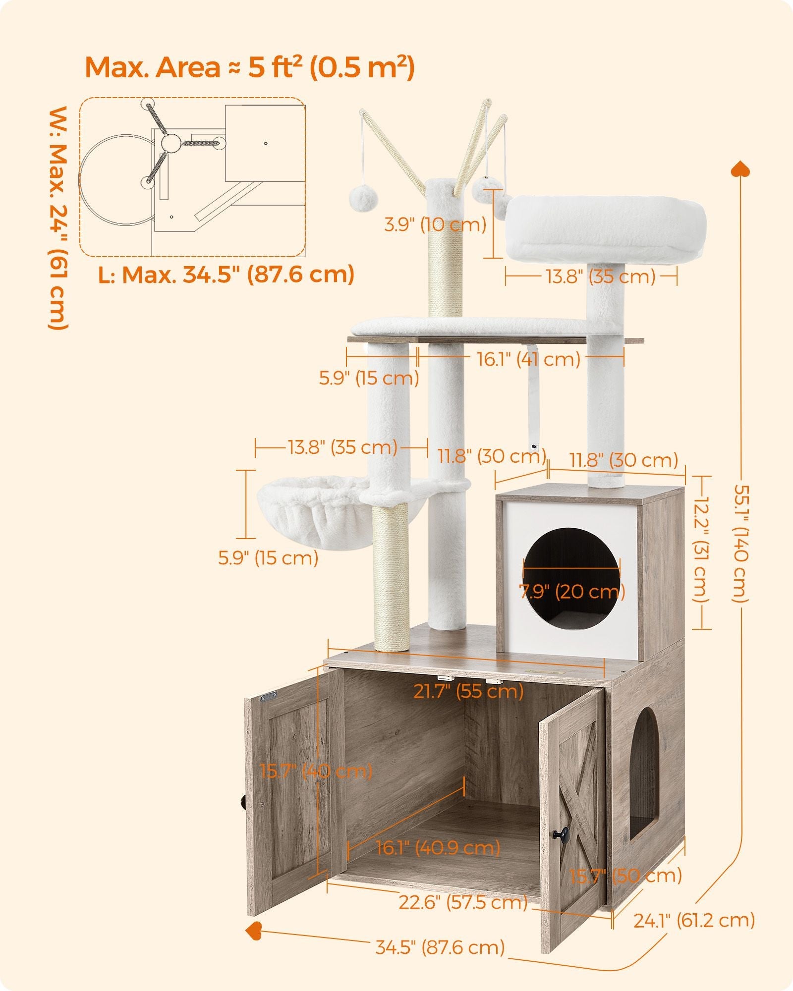 Cat Tree – Wood – Greige – 2-in-1 Design with Litter Box Enclosure and Scratching Posts