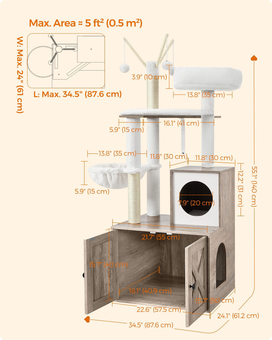 Cat Tree – Wood – Greige – 2-in-1 Design with Litter Box Enclosure and Scratching Posts
