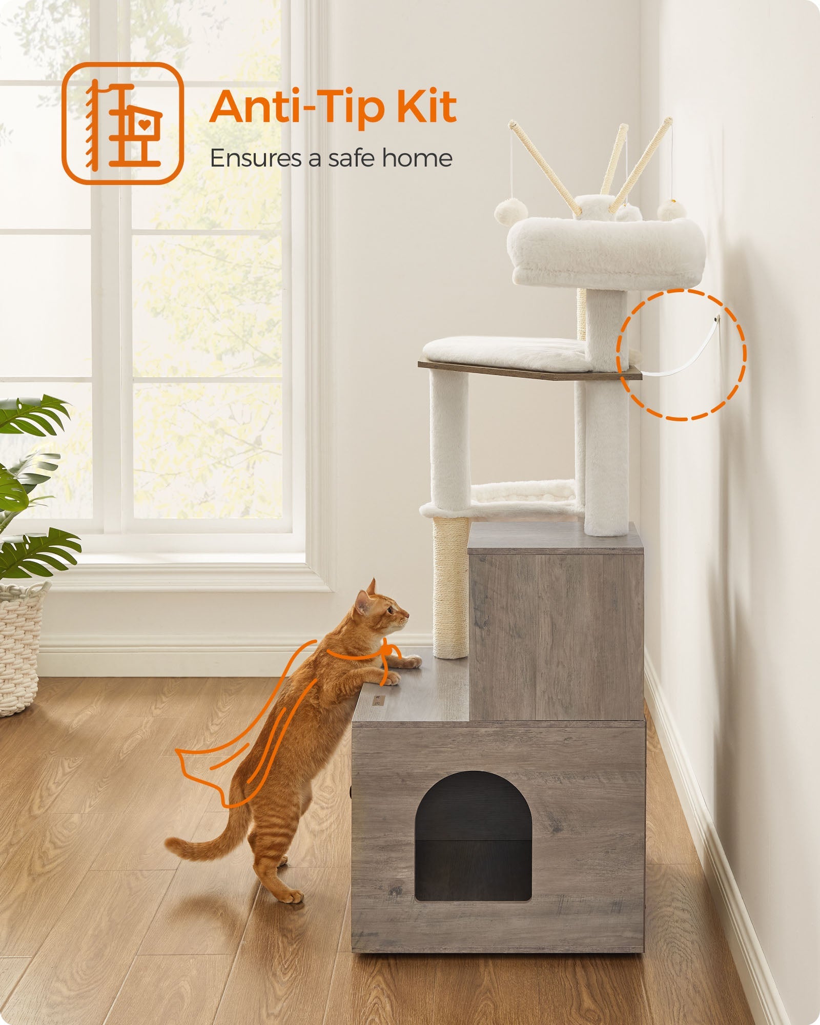 Cat Tree – Wood – Greige – 2-in-1 Design with Litter Box Enclosure and Scratching Posts