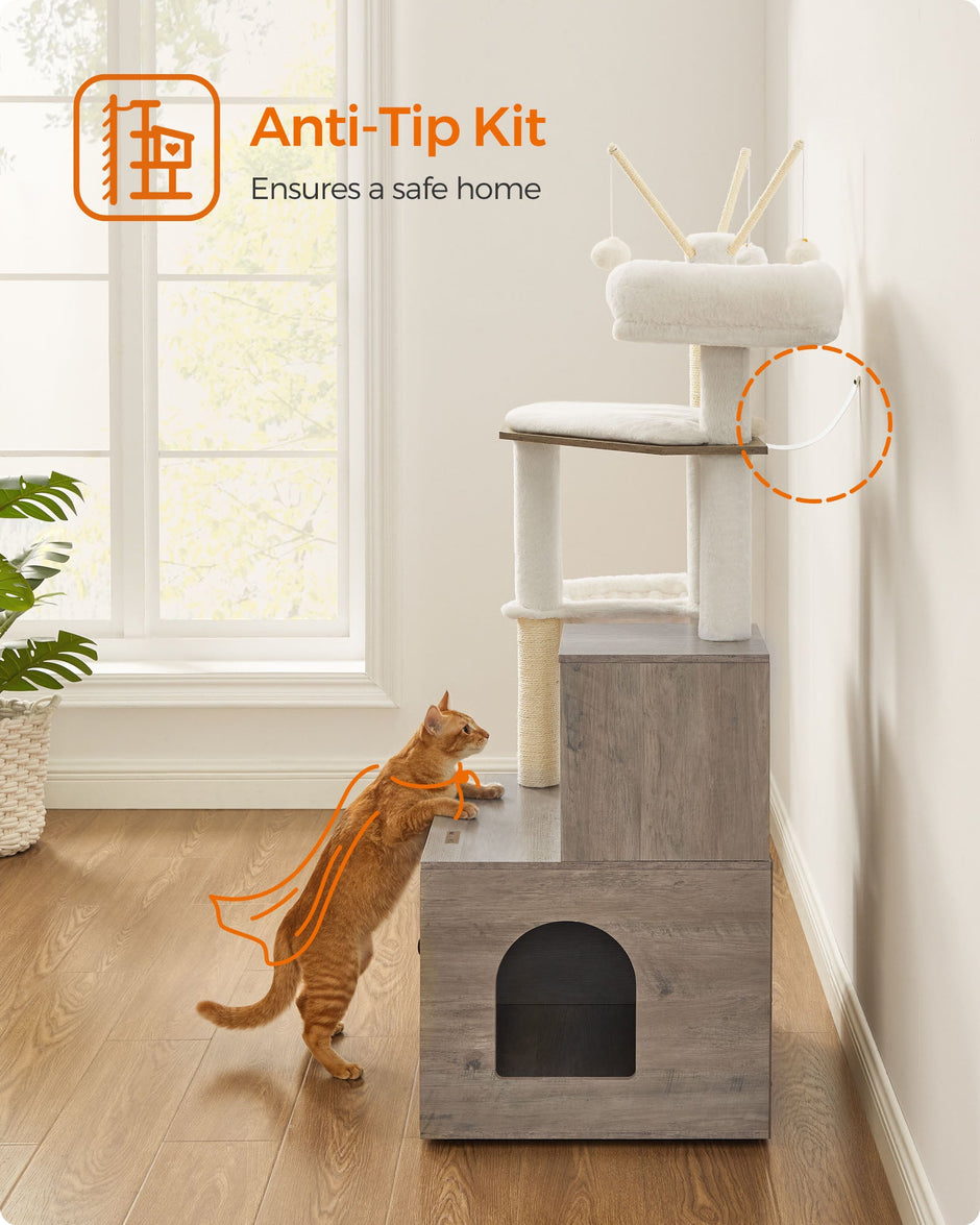 Cat Tree – Wood – Greige – 2-in-1 Design with Litter Box Enclosure and Scratching Posts