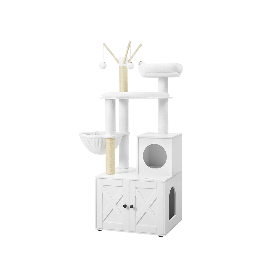 Cat Tree – Engineered Wood – Cloud White – 2-in-1 with Litter Box and Scratching Posts