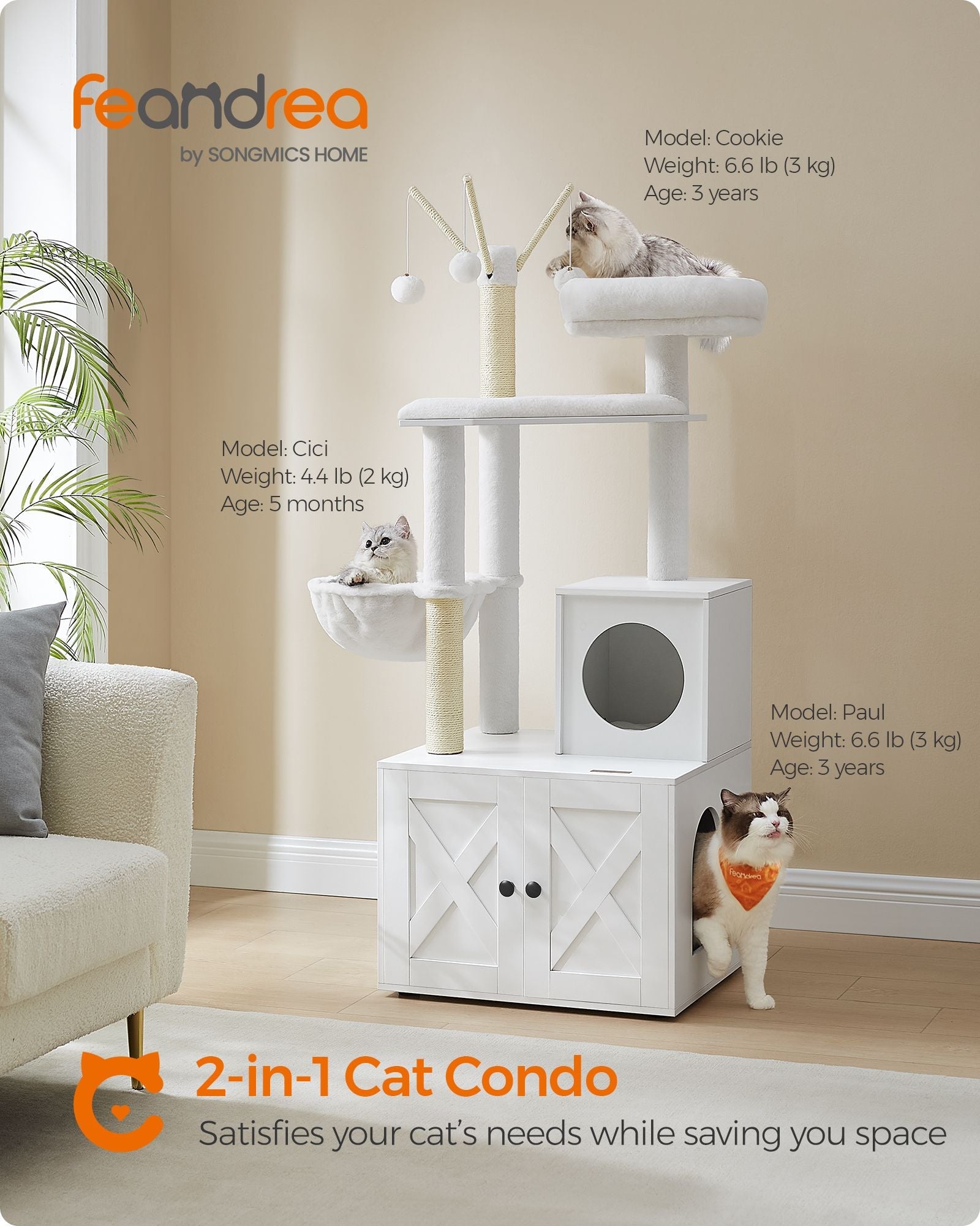 Cat Tree – Engineered Wood – Cloud White – 2-in-1 with Litter Box and Scratching Posts