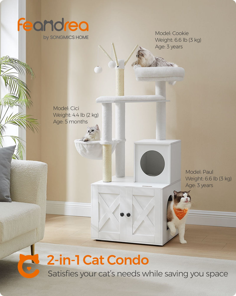Cat Tree – Engineered Wood – Cloud White – 2-in-1 with Litter Box and Scratching Posts