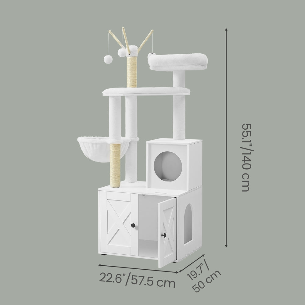 2-in-1 Cat Condo – Engineered Wood – Cloud White – Litter Box Enclosure and Scratching Posts