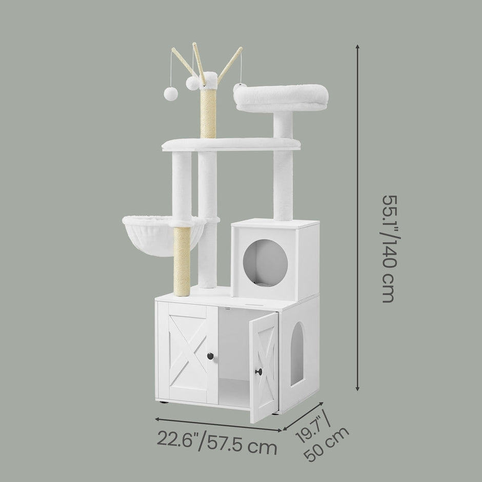 2-in-1 Cat Condo – Engineered Wood – Cloud White – Litter Box Enclosure and Scratching Posts