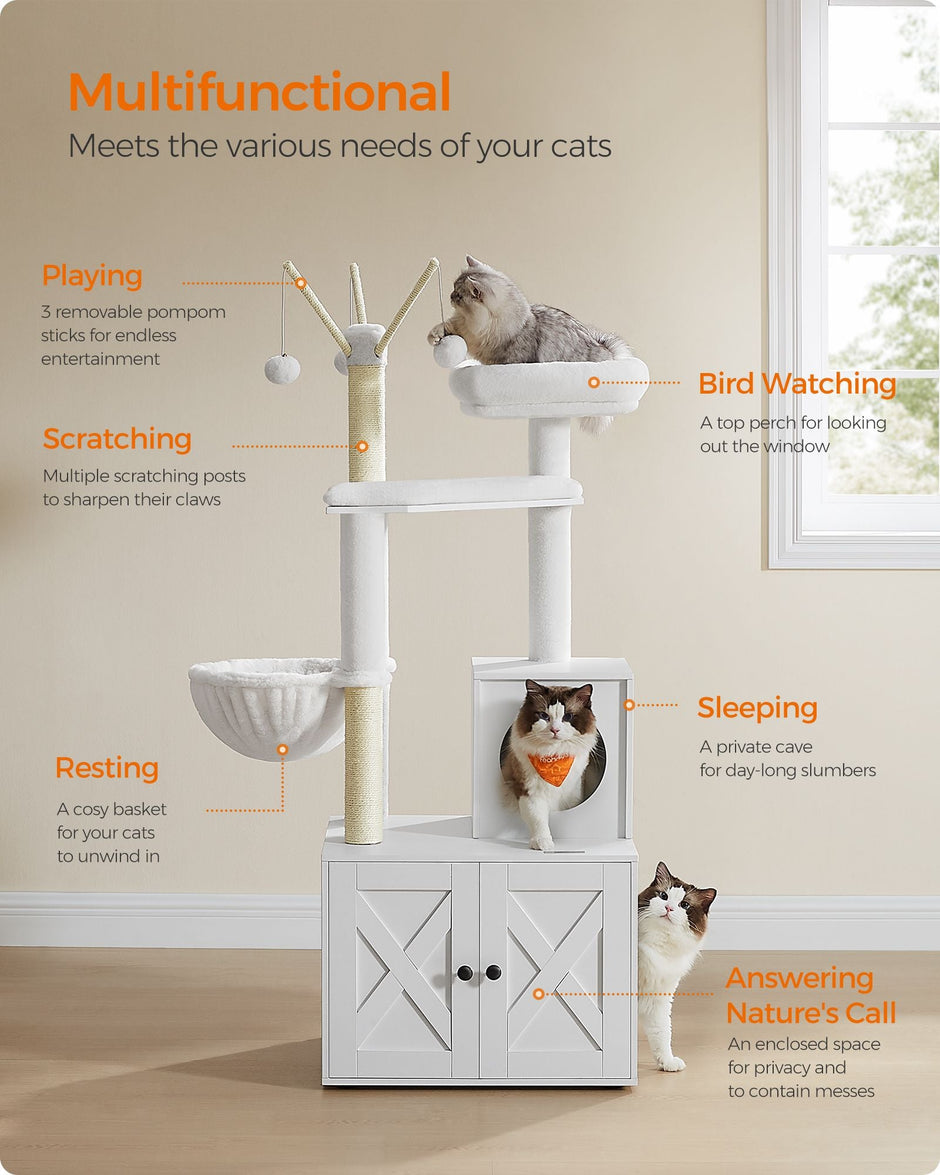 Cat Tree – Engineered Wood – Cloud White – 2-in-1 with Litter Box and Scratching Posts