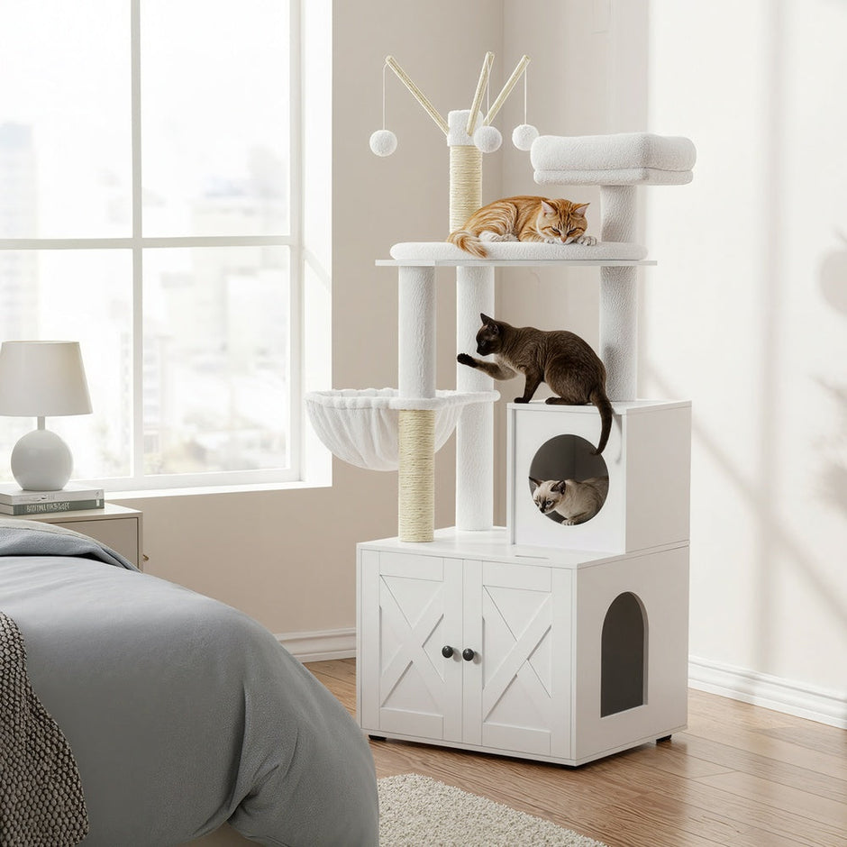 2-in-1 Cat Condo – Engineered Wood – Cloud White – Litter Box Enclosure and Scratching Posts