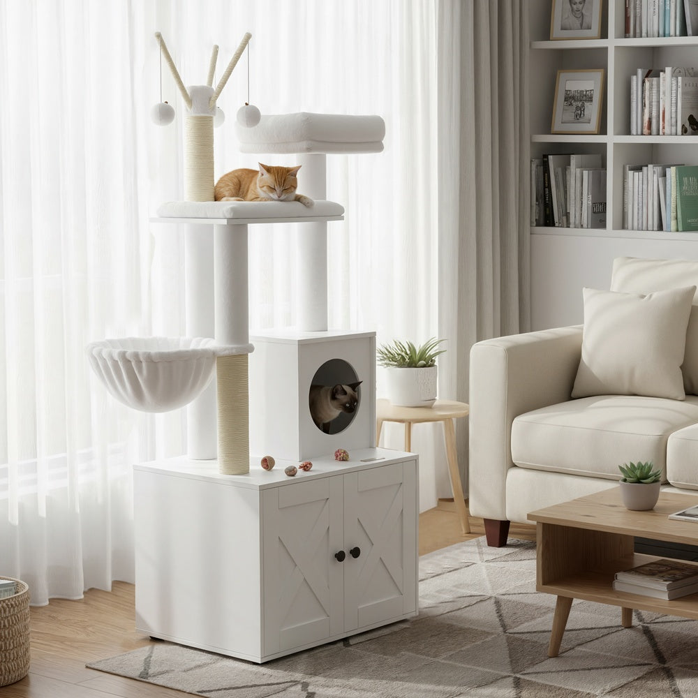 2-in-1 Cat Condo – Engineered Wood – Cloud White – Litter Box Enclosure and Scratching Posts