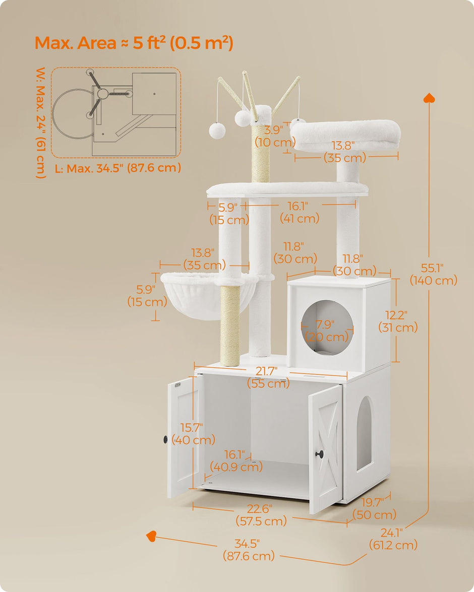 Cat Tree – Engineered Wood – Cloud White – 2-in-1 with Litter Box and Scratching Posts