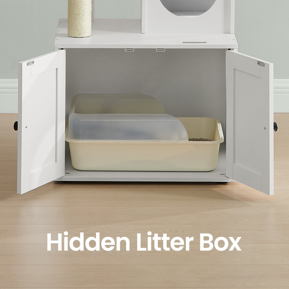 2-in-1 Cat Condo – Engineered Wood – Cloud White – Litter Box Enclosure and Scratching Posts