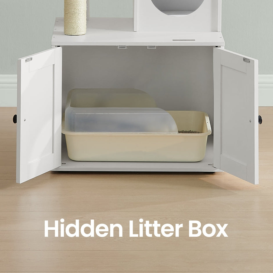 2-in-1 Cat Condo – Engineered Wood – Cloud White – Litter Box Enclosure and Scratching Posts