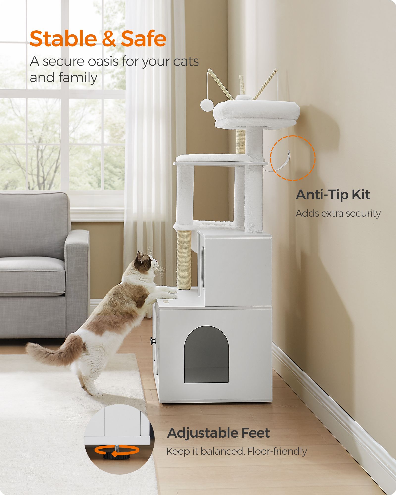 Cat Tree – Engineered Wood – Cloud White – 2-in-1 with Litter Box and Scratching Posts