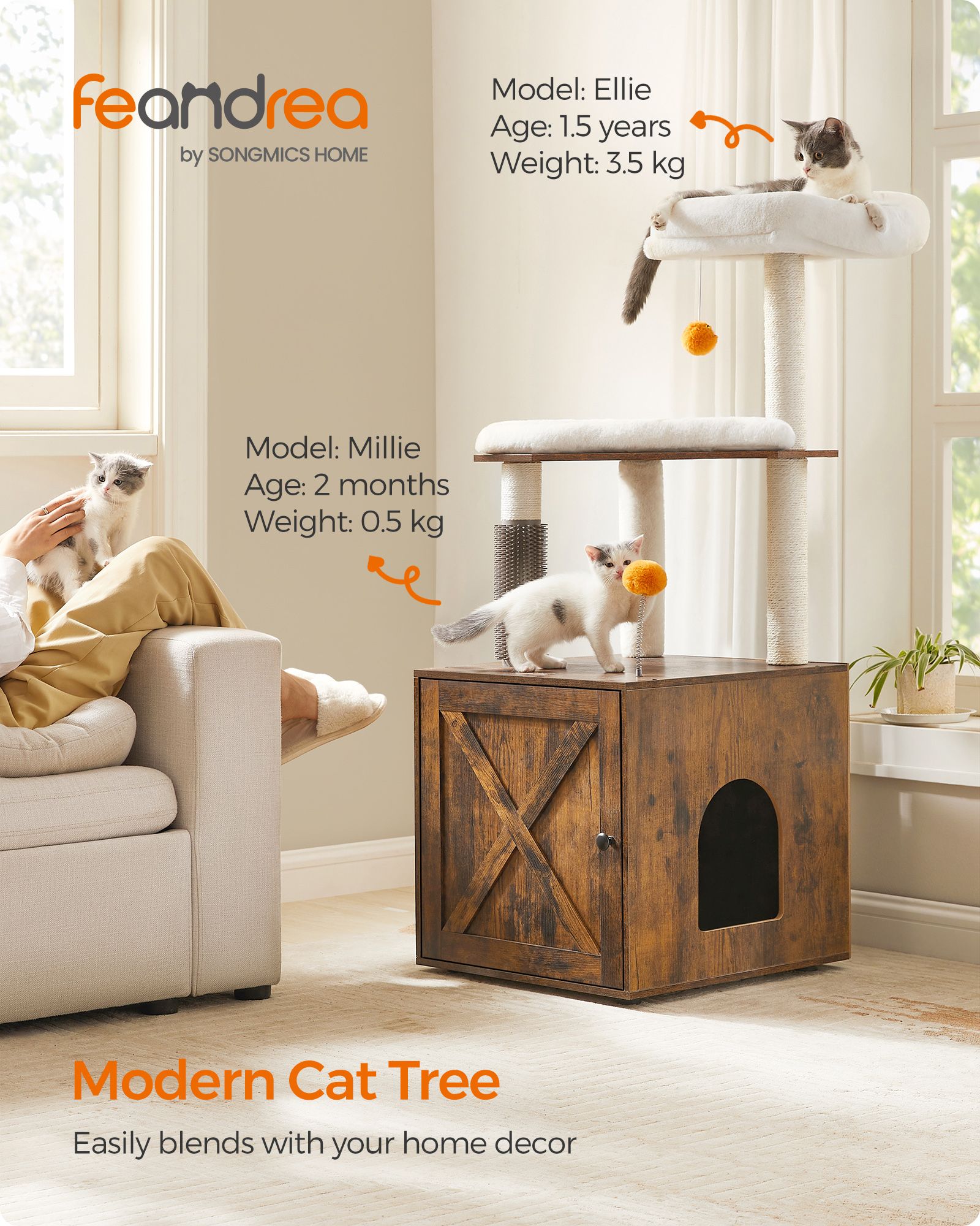 Cat Tree – Engineered Wood – Rustic Brown – 2-in-1 Design with Litter Box Enclosure and Self Groomer