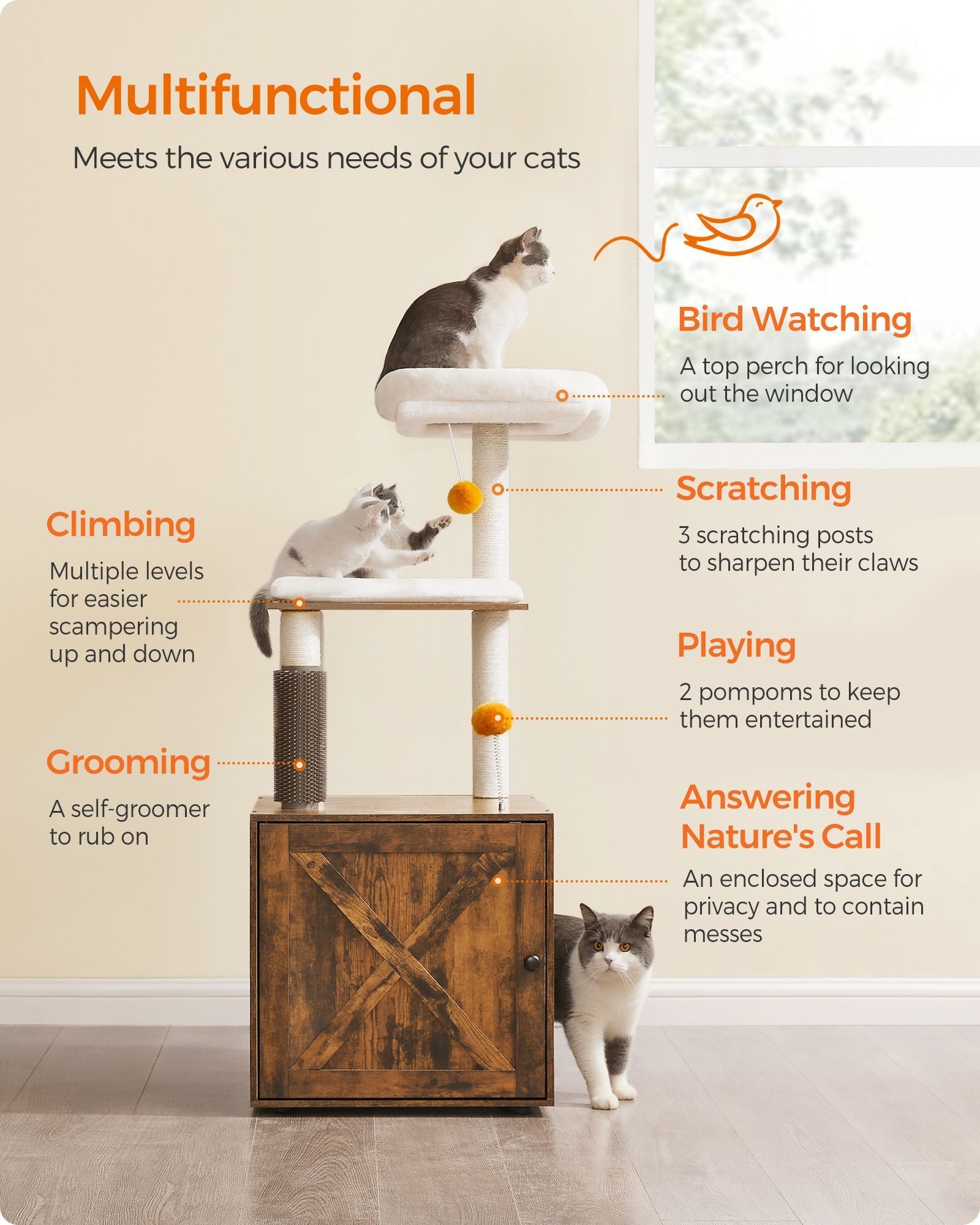 Cat Tree – Engineered Wood – Rustic Brown – 2-in-1 Design with Litter Box Enclosure and Self Groomer