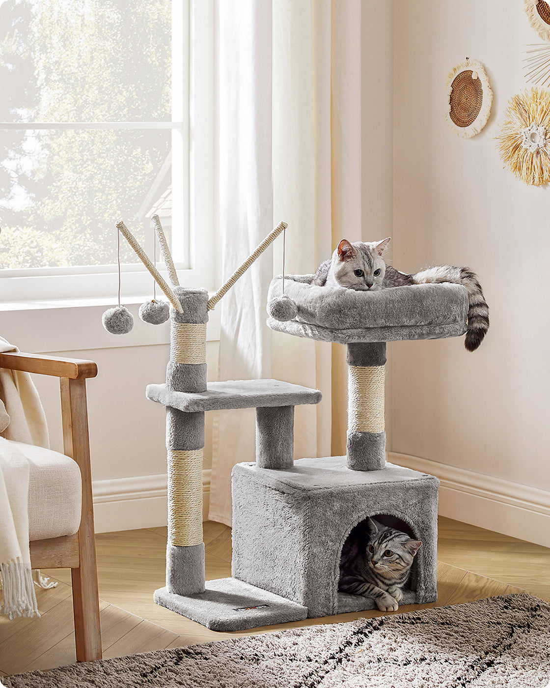 Cat Tree – Engineered Wood – Light Grey – 72 cm Height with Pompoms