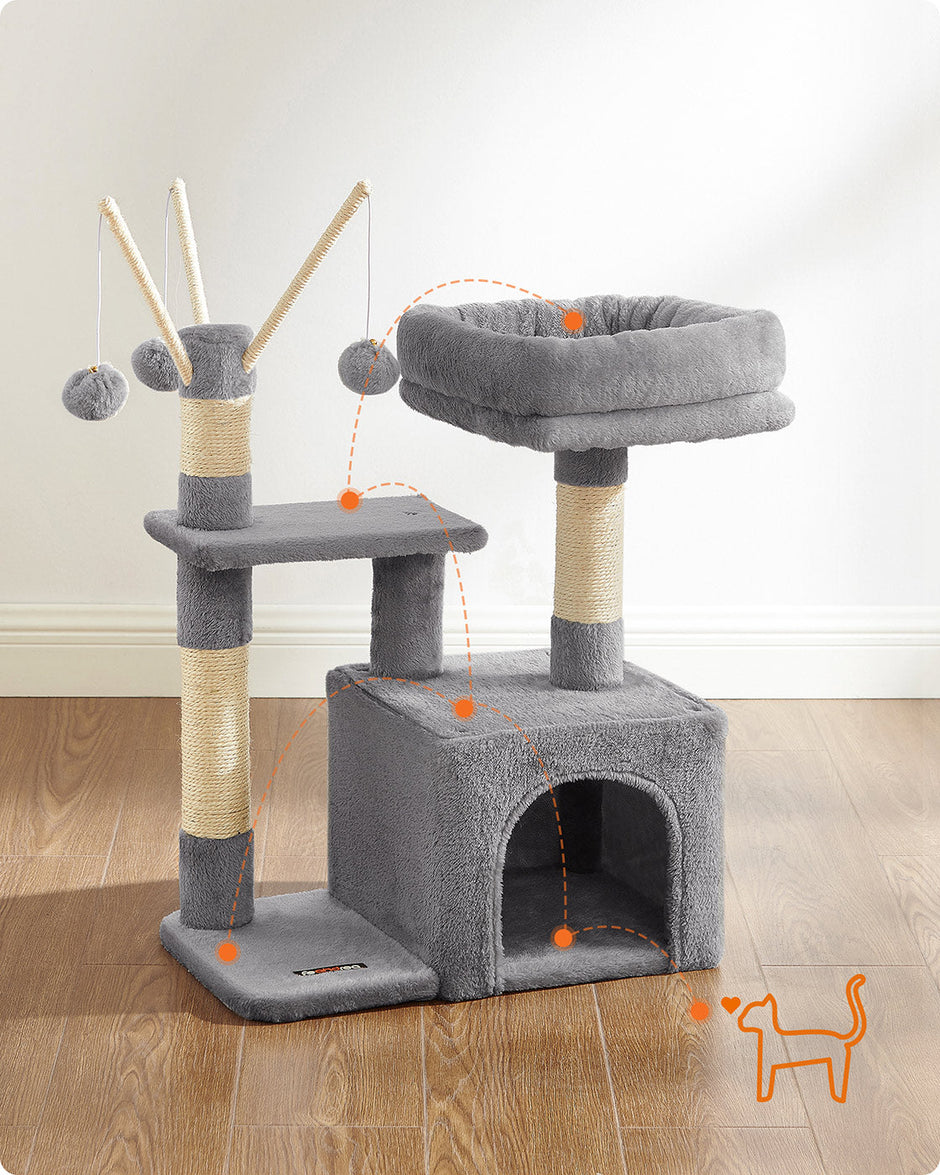 Cat Tree – Engineered Wood – Light Grey – 72 cm Height with Pompoms