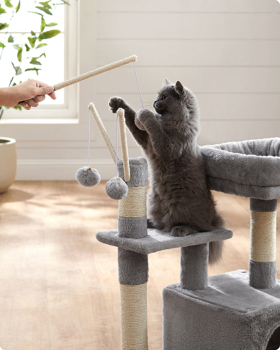 Cat Tree – Engineered Wood – Light Grey – 72 cm Height with Pompoms