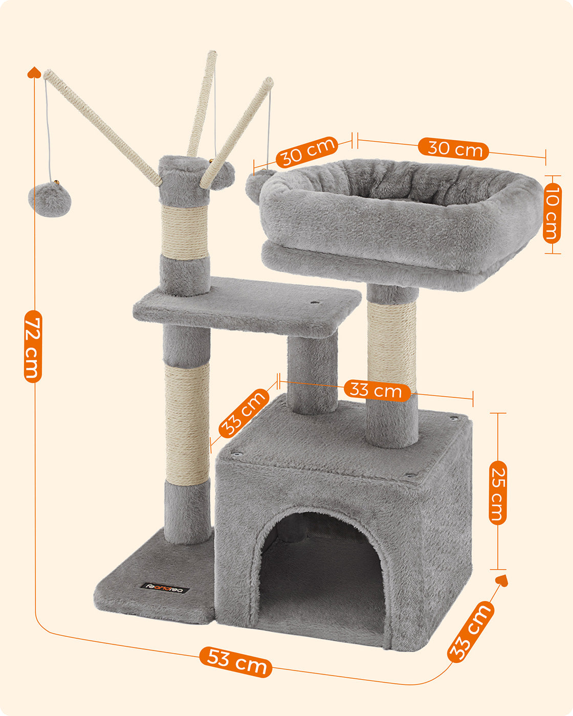 Cat Tree – Engineered Wood – Light Grey – 72 cm Height with Pompoms