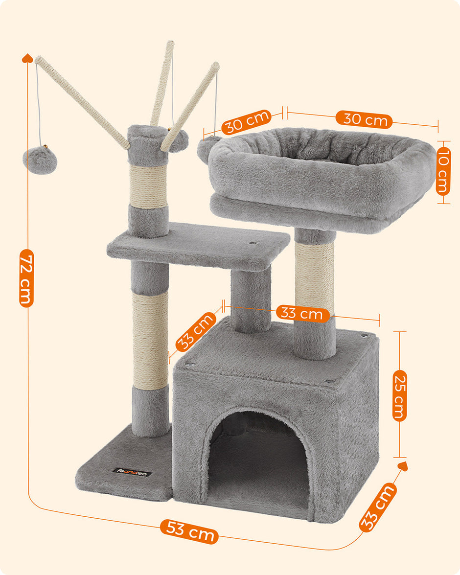 Cat Tree – Engineered Wood – Light Grey – 72 cm Height with Pompoms