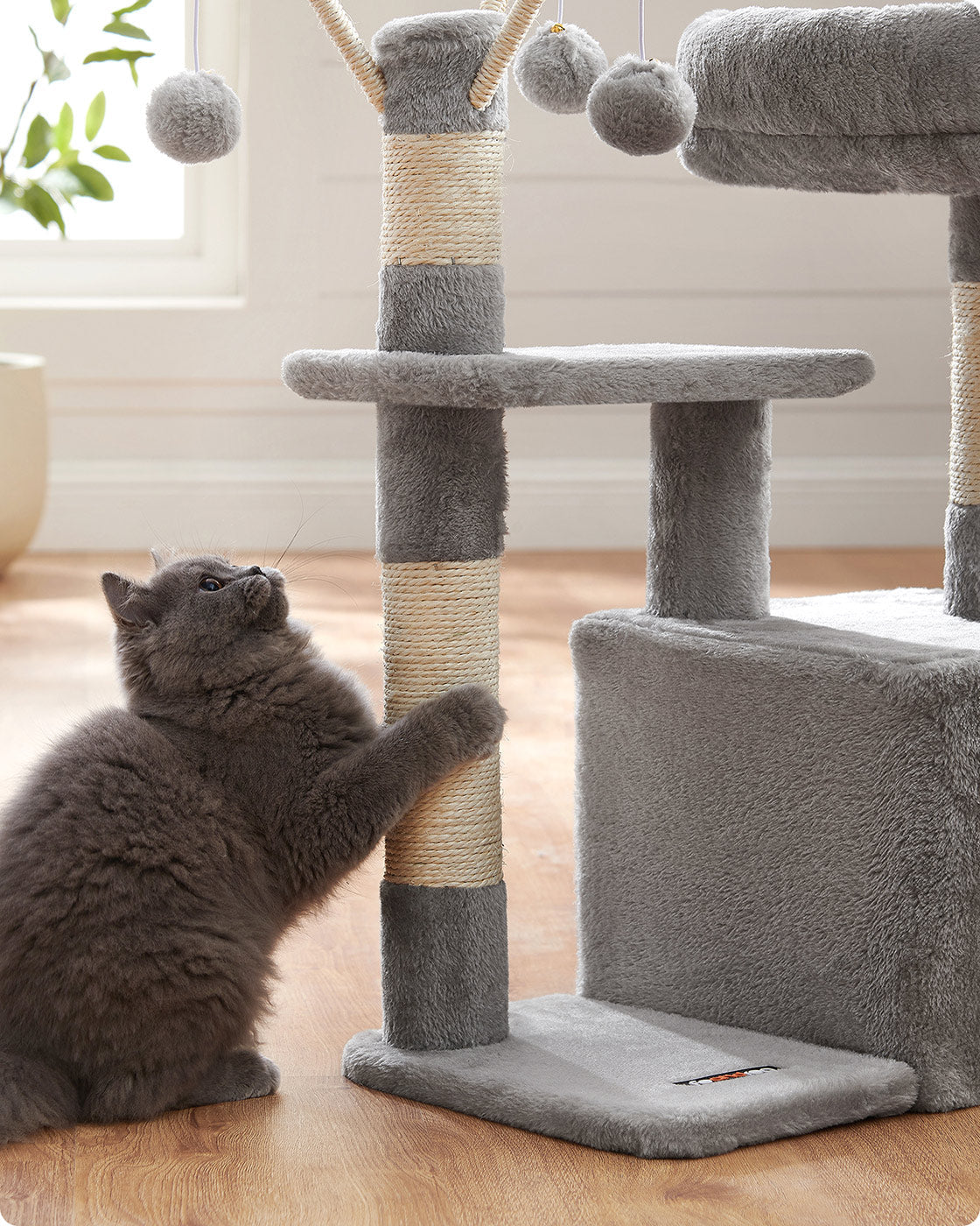Cat Tree – Engineered Wood – Light Grey – 72 cm Height with Pompoms