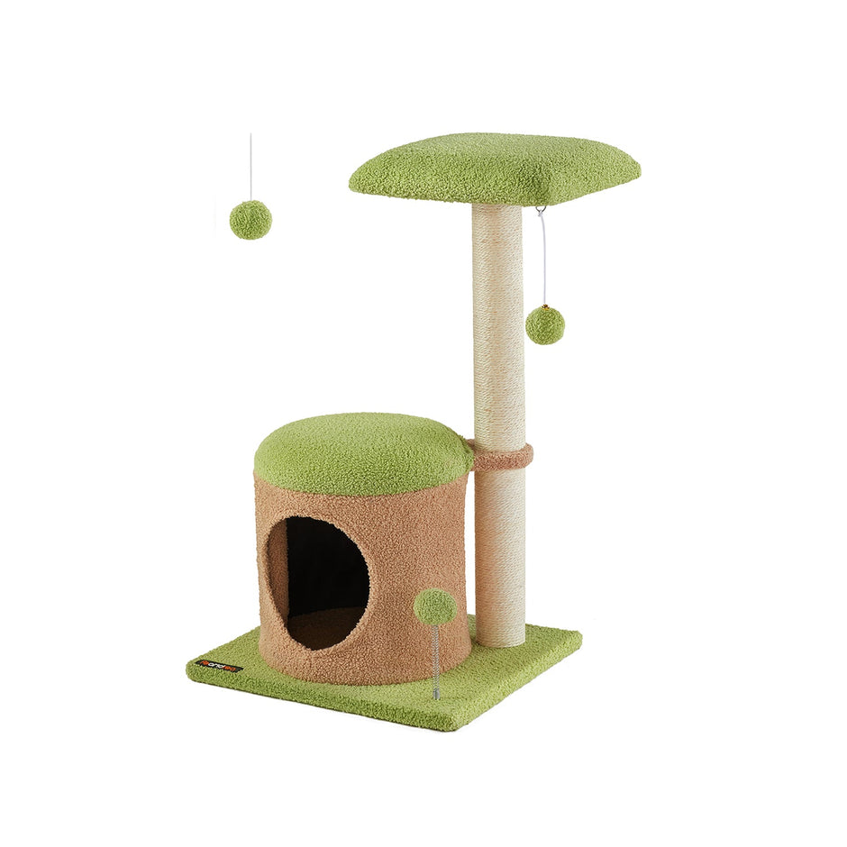 Cat Tree House – Wood – Spring Green and Light Earth Brown – Includes Scratching Post and Padded Perch