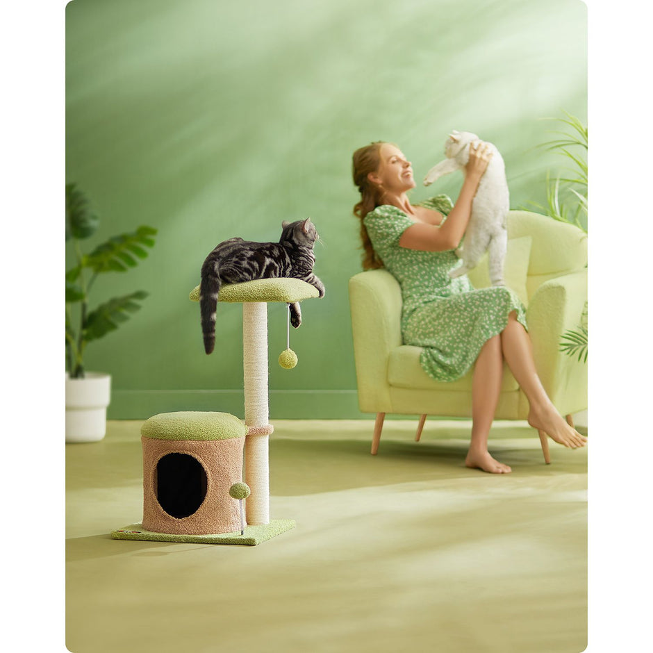 Cat Tree House – Wood – Spring Green and Light Earth Brown – Includes Scratching Post and Padded Perch
