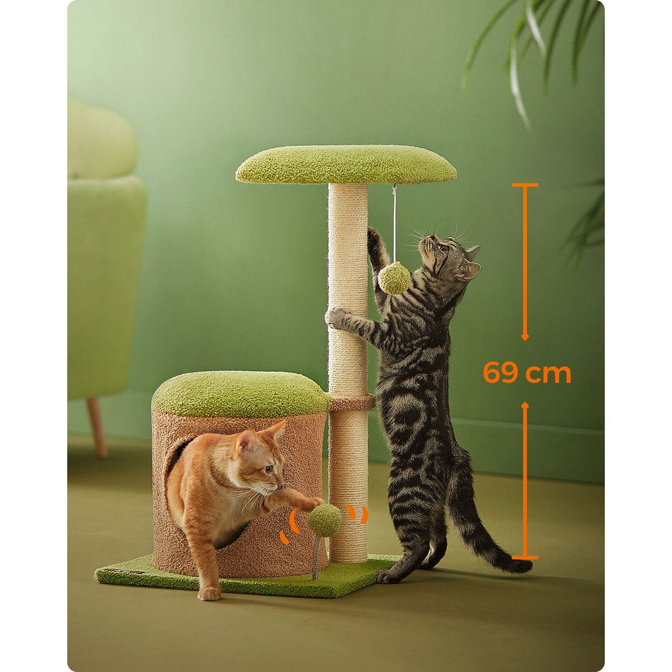 Cat Tree House – Wood – Spring Green and Light Earth Brown – Includes Scratching Post and Padded Perch
