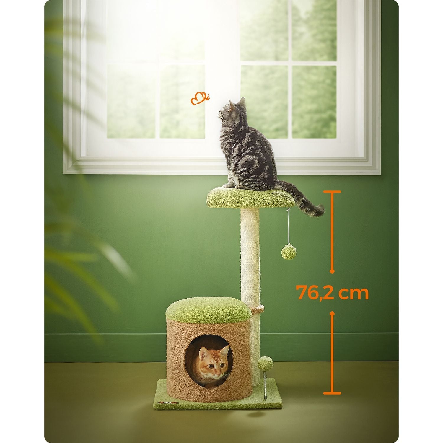 Cat Tree House – Wood – Spring Green and Light Earth Brown – Includes Scratching Post and Padded Perch