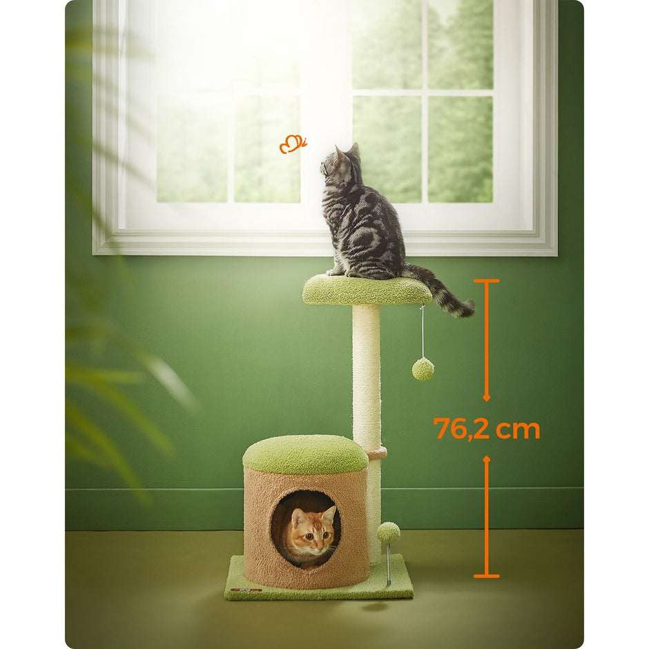 Cat Tree House – Wood – Spring Green and Light Earth Brown – Includes Scratching Post and Padded Perch