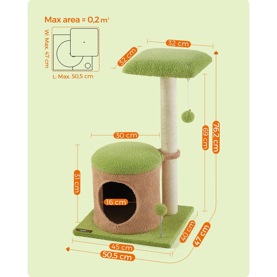 Cat Tree House – Wood – Spring Green and Light Earth Brown – Includes Scratching Post and Padded Perch