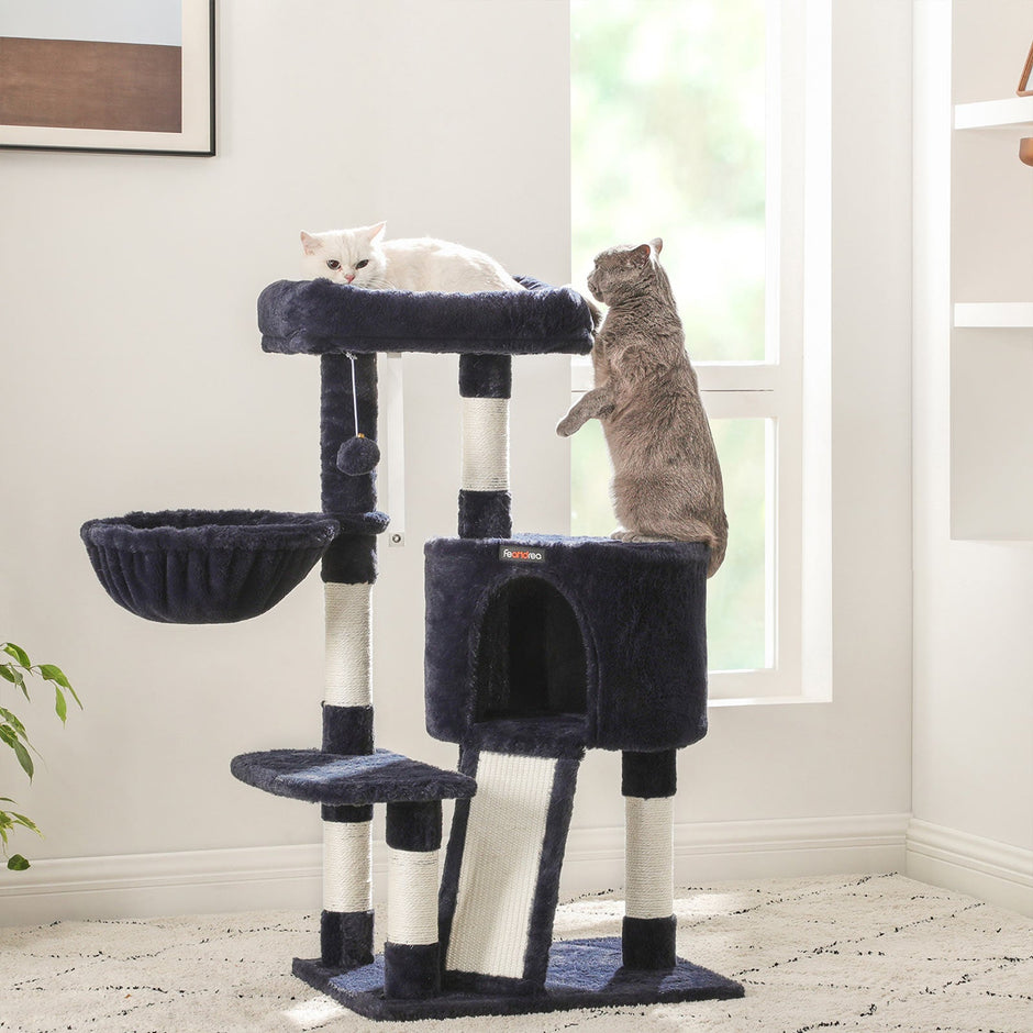 Cat Tower – Plush – Blue – 104 cm with Hammock and Pompom