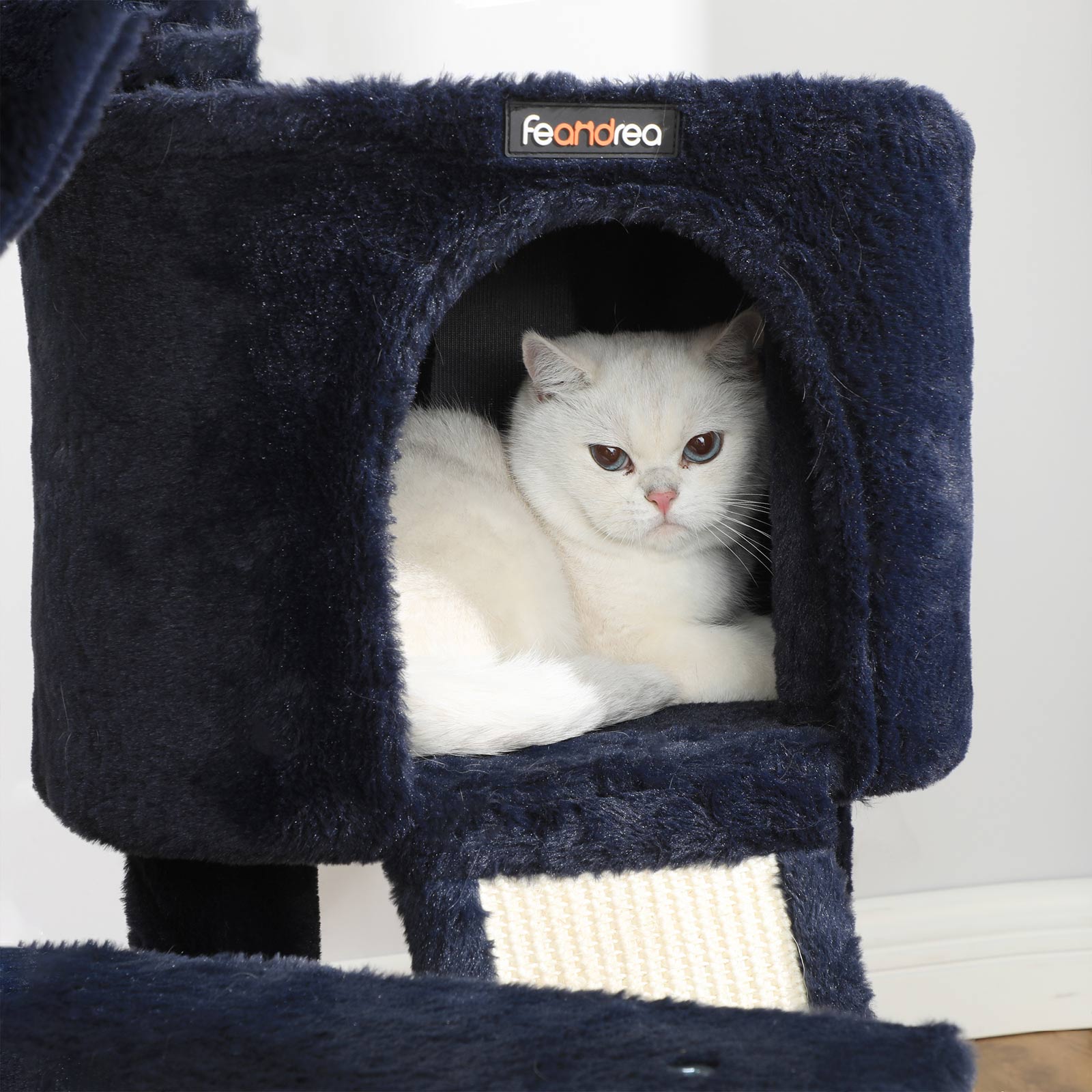 Cat Tower – Plush – Blue – 104 cm with Hammock and Pompom