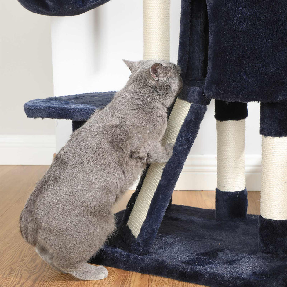 Cat Tower – Plush – Blue – 104 cm with Hammock and Pompom
