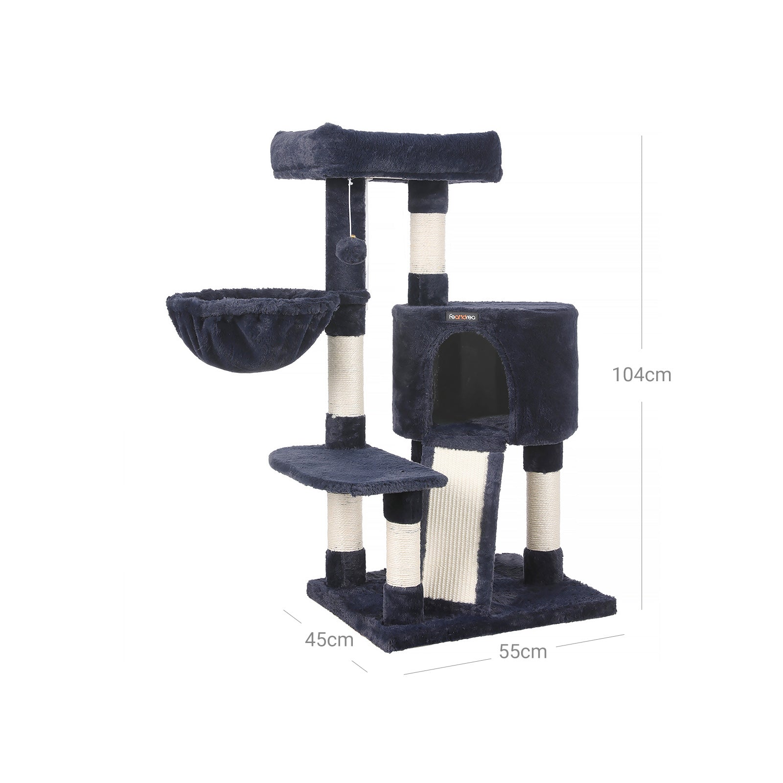 Cat Tower – Plush – Blue – 104 cm with Hammock and Pompom