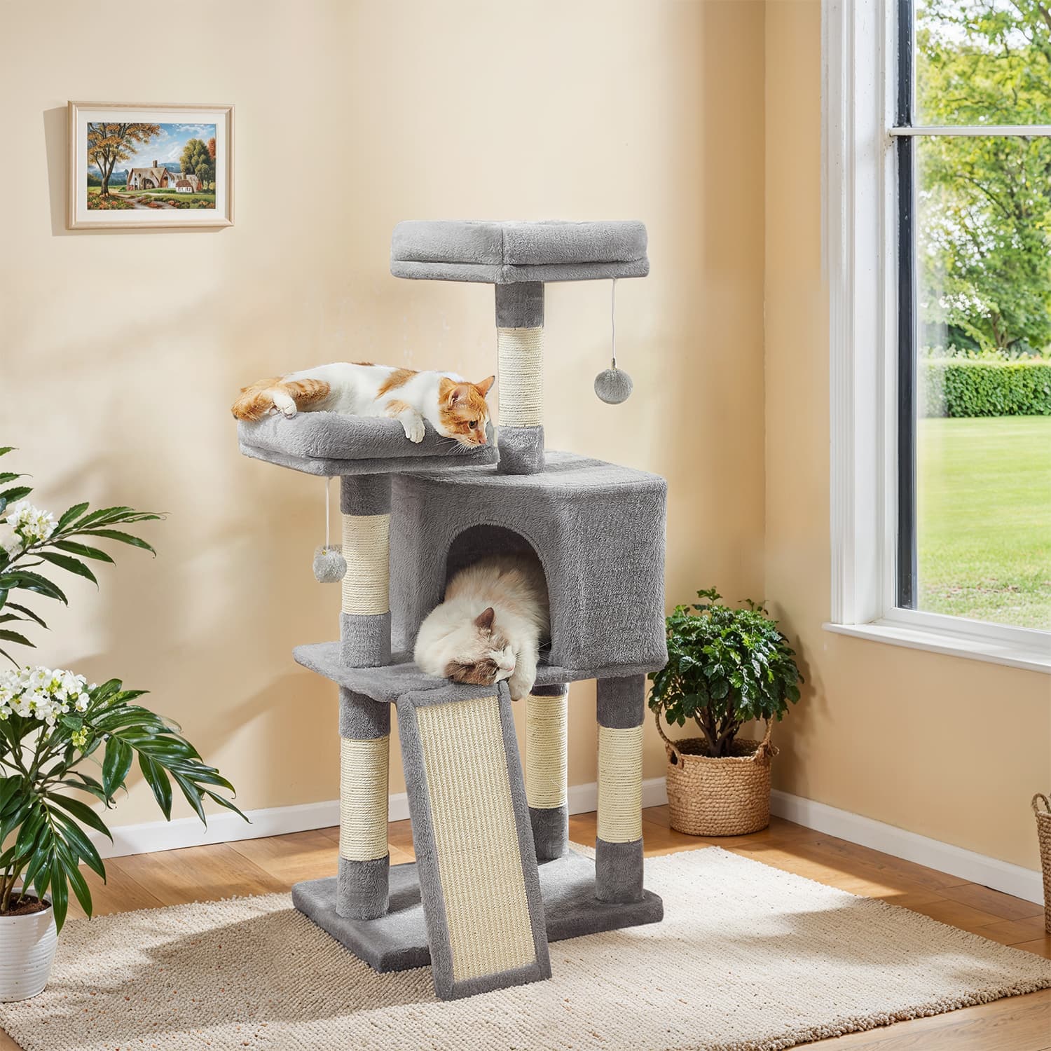 Cat Tower – Wood – Light Gray – Multi-Level with Scratching Post and Ramp for All Ages